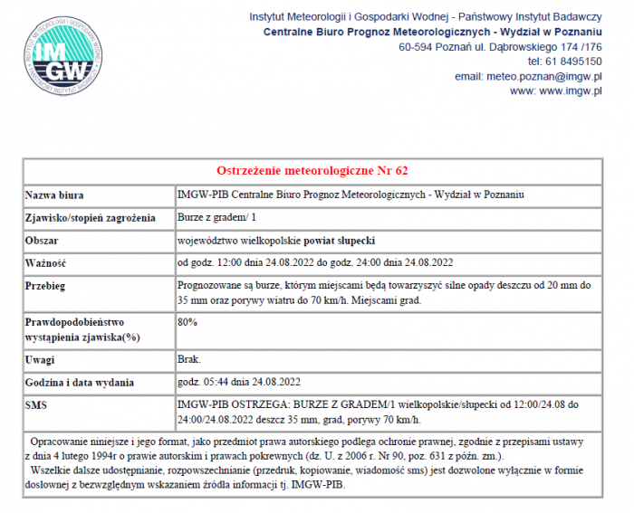  Ostrzeżenie meteorologiczne - burze z gradem