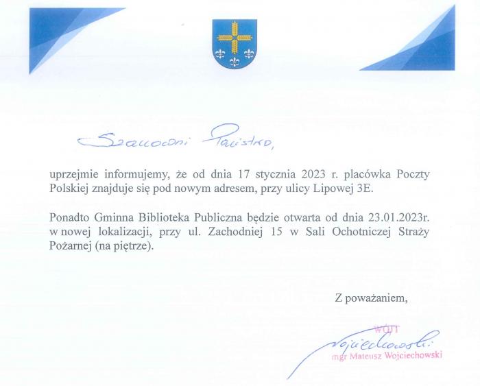 Zmiana lokalizacji placówki Poczty Polskiej oraz Gminnej Biblioteki Publicznej