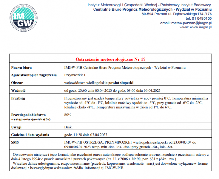 Ostrzeżenie meteorologiczne - przymrozki