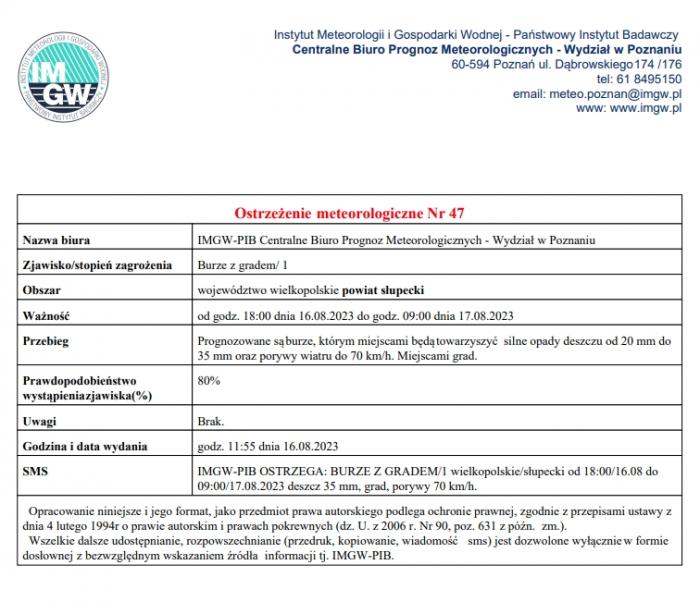 IMGW-PIB OSTRZEGA: BURZE Z GRADEM/1 