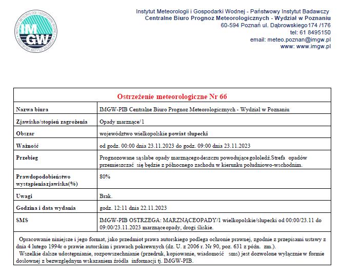 Ostrzeżenie meteorologiczne - opady marznące