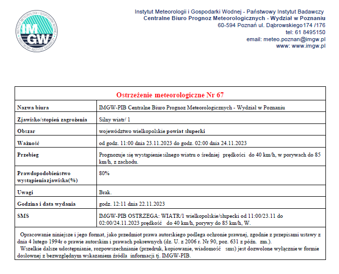 Ostrzeżenie meteorologiczne - silny wiatr