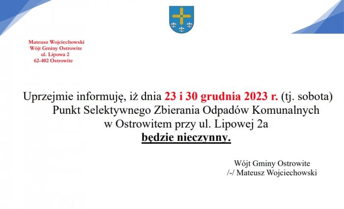 23 i 30 grudnia PSZOK będzie nieczynny