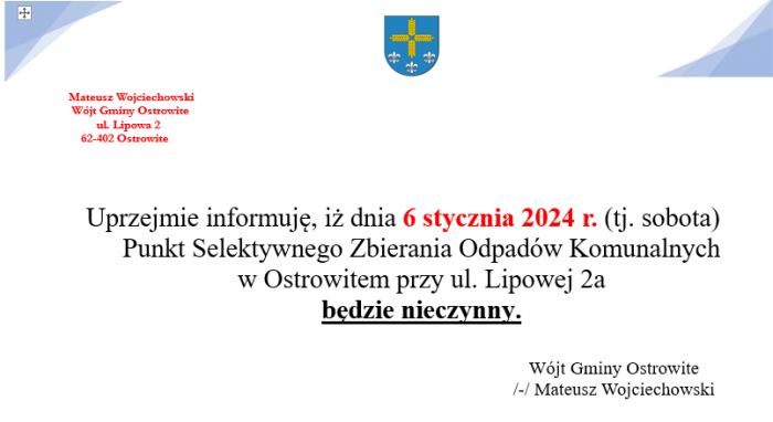 6 stycznia 2024 r. PSZOK będzie nieczynny