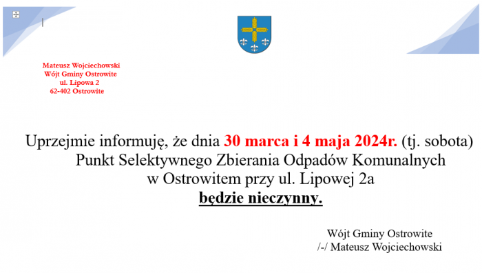 30 marca i 4 maja 2024r. PSZOK będzie nieczynny