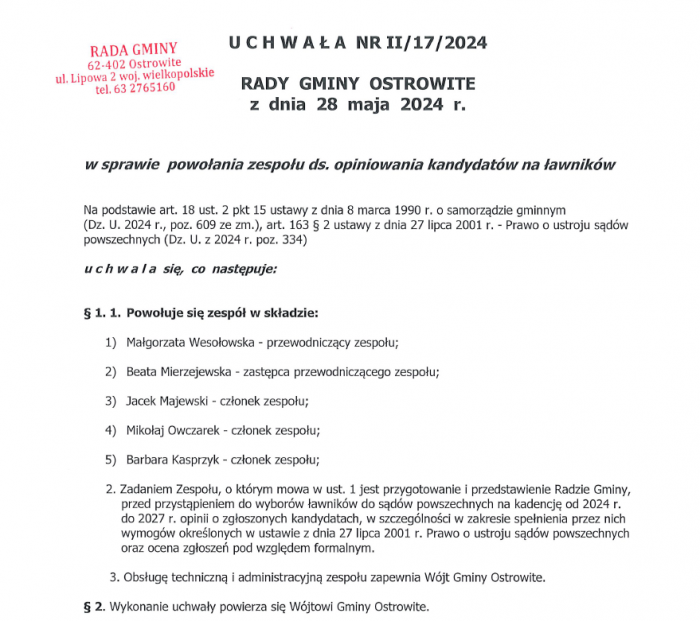 Uchwała nr II/17/2024 w sprawie powołania zespołu ds. opiniowania kandydatów na ławników