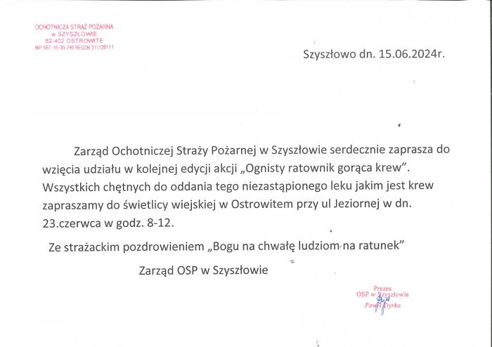Zarząd OSP w Szyszłowie zaprasza do wzięcia udziału w akcji krwiodawstwa