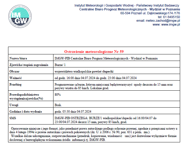 IMGW-PIB OSTRZEGA: BURZE