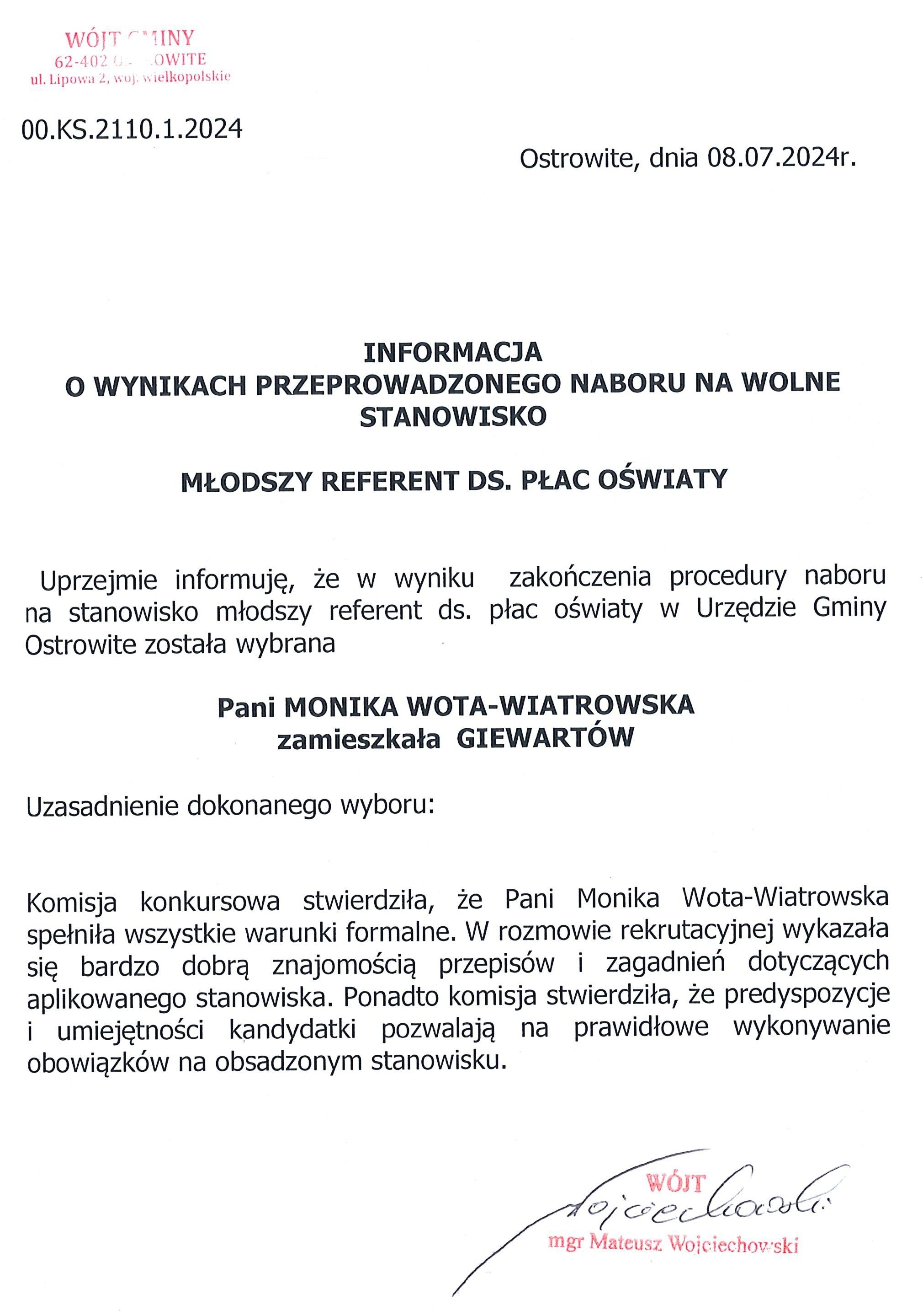 Informacja o wynikach naboru na wolne stanowisko 