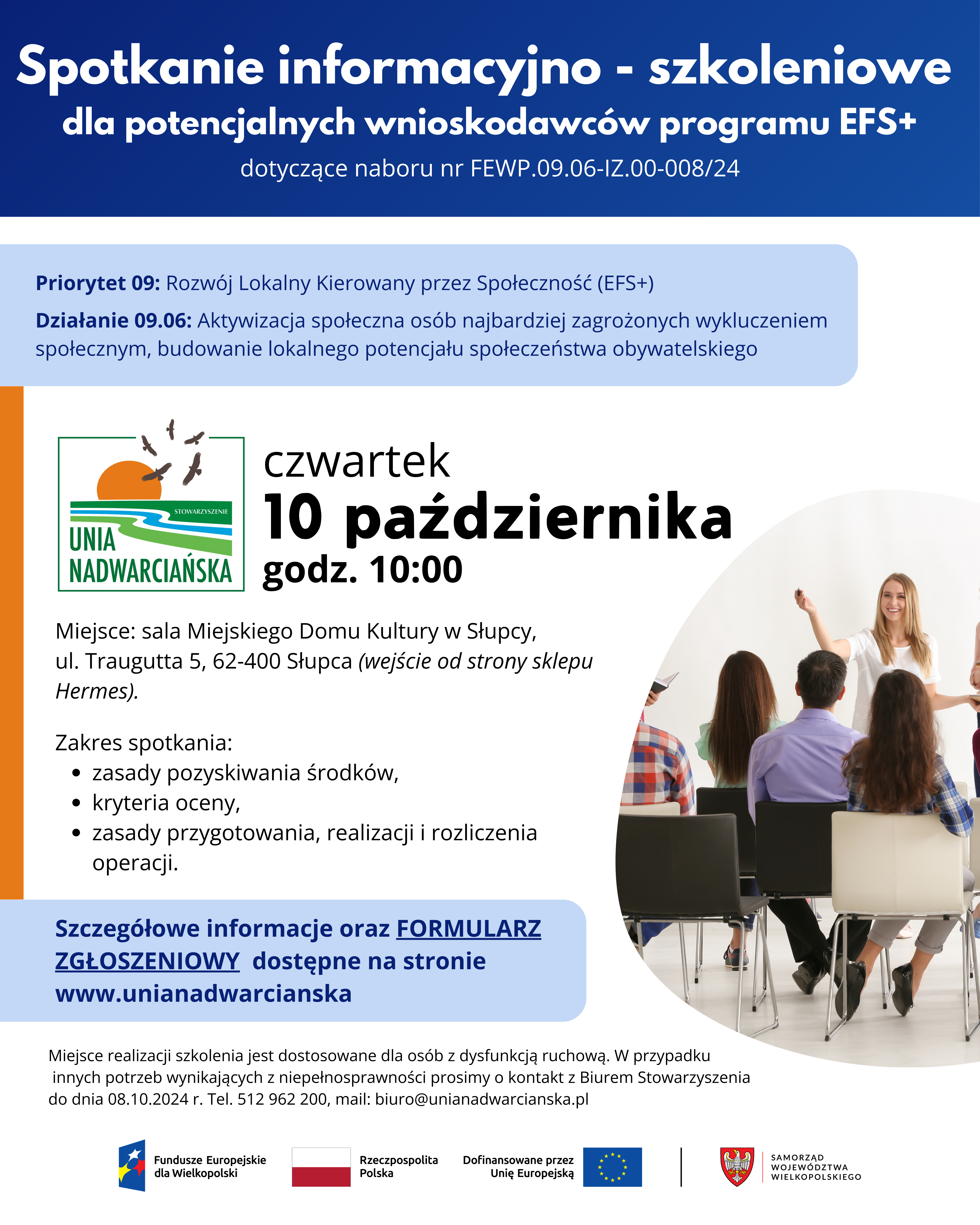 Spotkanie informacyjno - szkoleniowe dla potencjalnych wnioskodawców programu EFS+ dotyczące naboru nr FEWP.09.06-IZ.00-008/24