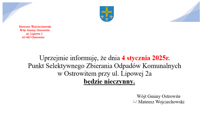 Dnia 4 stycznia 2025r. PSZOK będzie nieczynny