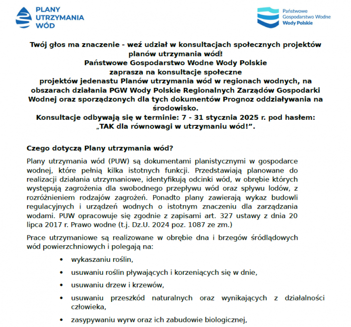 Ogłoszenie o konsultacjach społecznych projektów planów utrzymania wód