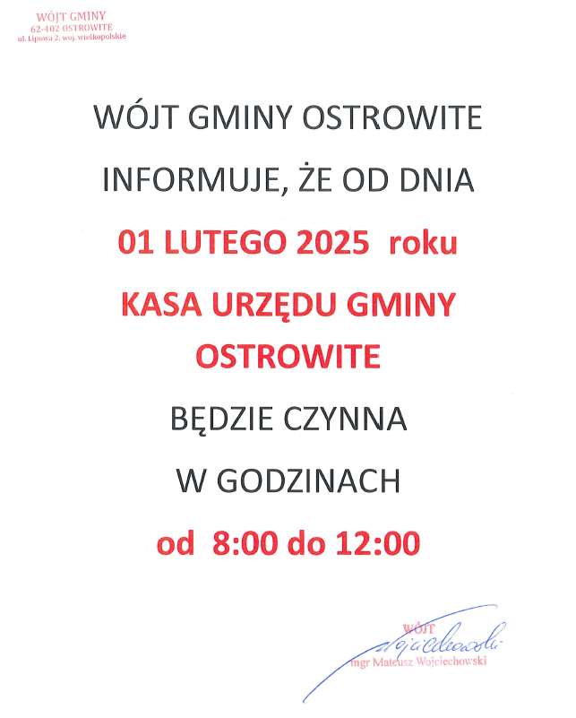 Zmiana godziny pracy kasy w urzedzie