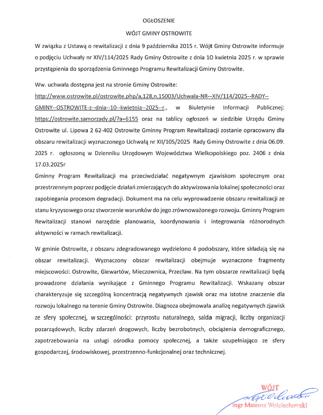 Ogłoszenie w sprawie przystąpienia do sporządzenia Gminnego Programu Rewitalizacji Gminy Ostrowite