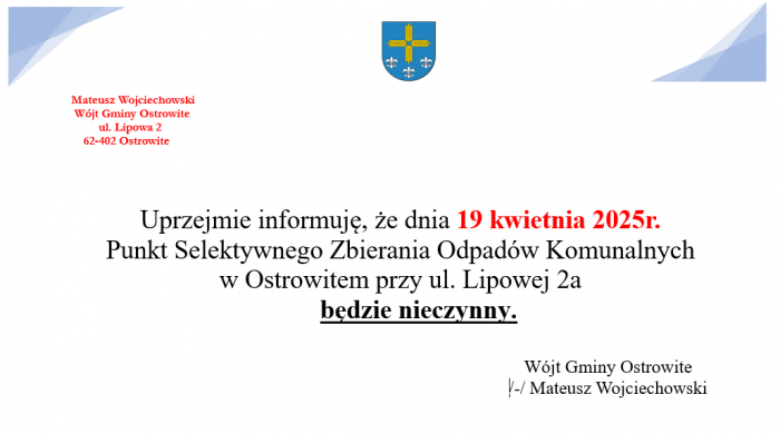 19 kwietnia 2025r PSZOK będzie nieczynny