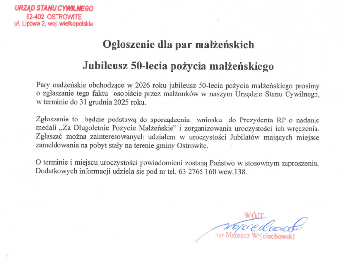 Ogłoszenie dla par małżeńskich - Jubileusz 50-lecia pożycia małżeńskiego